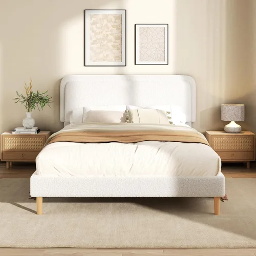 Miniatura 9 de Base de cama de plataforma Boucle tamaño Queen con cabecera ajustable (3 alturas), cama de nube tapizada, esquinas redondeadas suaves, no necesita