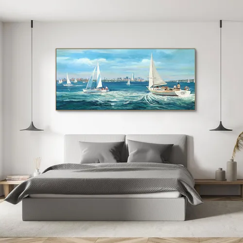 Miniatura 3 de XLSJERST Arte de Pared de Lienzo Azul Grande Pintura de Paisaje Marino - Cuadro de Paisaje con Textura Azul Marino Moderno Velero Obra de Arte