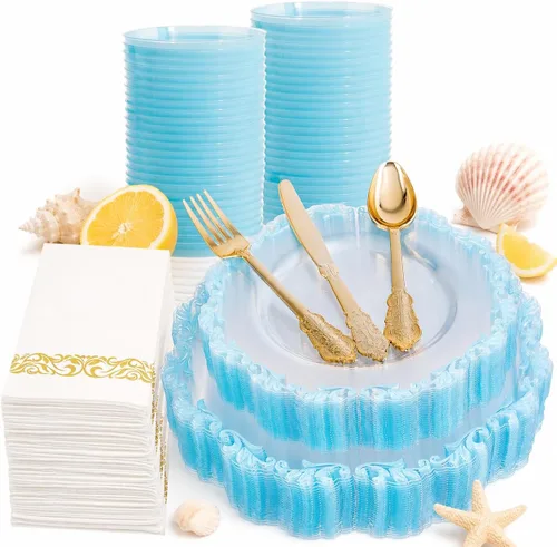 PULOTE Juego de 175 piezas de platos de plástico transparentes y azules - Juego de vajilla desechable con borde azul - Incluye 25 platos de cena, 25