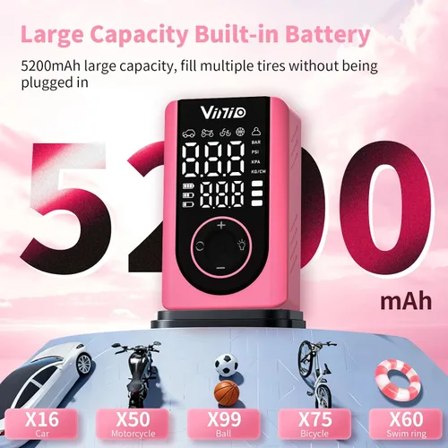 Miniatura 5 de Vinid Compresor de aire inalámbrico, inflador de neumáticos portátil de 75 W con medidor de presión digital, apagado automático, inflado rápido
