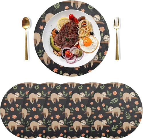 Miniatura 3 de Cute Sloths Black Round Placemat, Washable Heat Protecting Placemats for Kitchen one sizex4