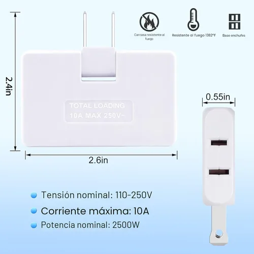 Miniatura 2 de Paquete de 3 extensores de toma de corriente de pared plana de CA, adaptador de enchufe plano, adaptador de pared plegable de 3 vías, enchufe Blanco