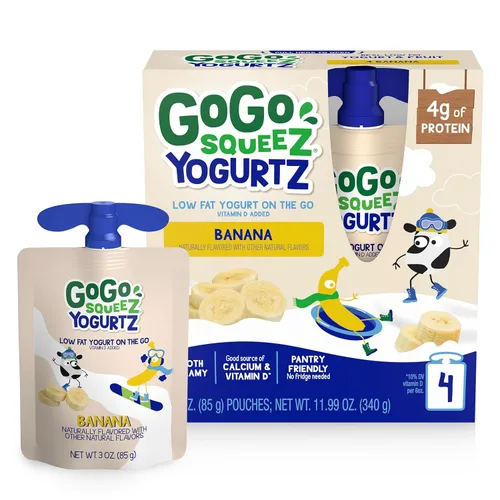 GoGo squeeZ yogurtZ Plátano, 3 oz (Paquete de 4), Aperitivos para Niños Hechos de Yogur Real y Fruta, Amigable para la Despensa, No Necesita