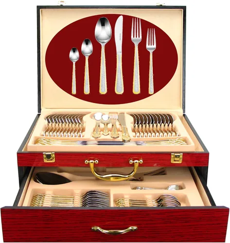 Miniatura 7 de Juego de cubiertos de lujo de 75 piezas para 12 con estuche de almacenamiento de madera, servicio de cubiertos de comedor de alta calidad, cubiertos