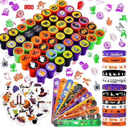 MGparty Paquete de 288 regalos de fiesta de Halloween, juguetes a granel para niños, sellos de tatuajes, pulseras de goma, pulseras de goma,