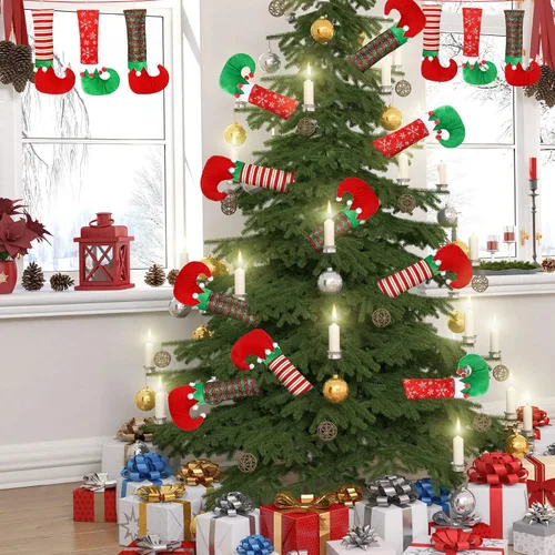 Miniatura 6 de 6 patas de elfo de Navidad, púa de botas, rayas con purpurina, patas rellenas de elfo con alambre fijo, decoraciones colgantes para árbol