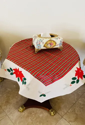 Miniatura 2 de AMT - Mantel de lino bordado de Navidad con diseño elegante (36 x 36 pies cuadrados/redondo)
