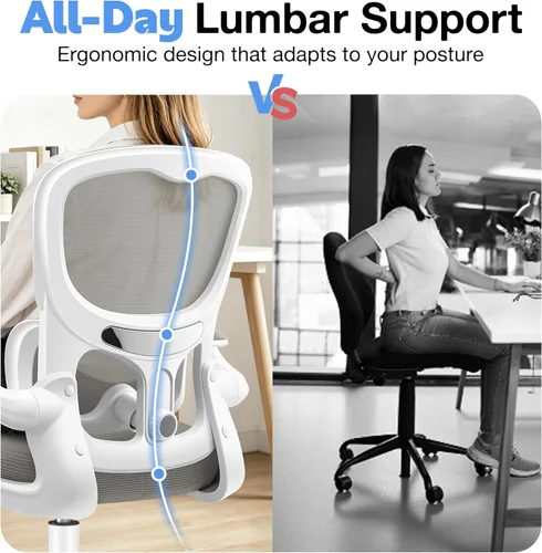Miniatura 4 de ALLGOD Silla de oficina ergonómica, silla de escritorio ergonómica de malla transpirable con soporte lumbar ajustable, reposabrazos abatibles