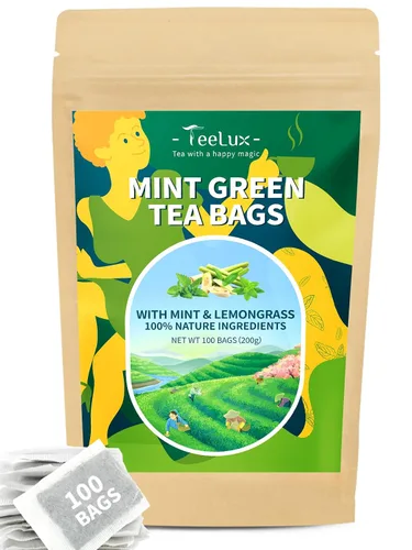 TeeLux Bolsas de té verde menta, té verde con menta, menta verde y citronela, con cafeína, 100% real y natural, 100 unidades