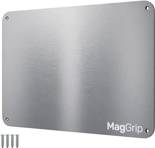 Miniatura 12 de Placa de acero inoxidable de 9 x 6.5 pulgadas para imanes, parte trasera adhesiva 3M, tornillos de montaje, ideal para estantes magnéticos, imanes