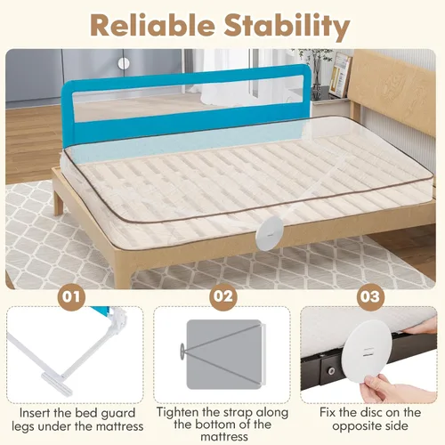 Miniatura 4 de BABY JOY Rieles de cama para niños pequeños, 59 pulgadas, extra largo, protector de cama abatible con correa de seguridad, barandilla plegable