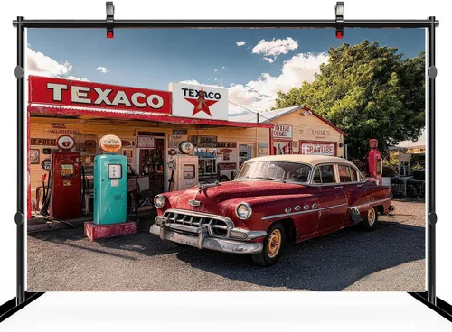 Miniatura 3 de Telón de fondo retro para gasolinera de 5 x 3 pies, ruta temática clásica, 66, estación de servicio, bombas de gas, coche retro, tienda Texaco