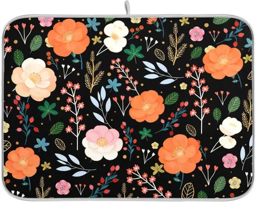 Tapete de secado de platos para encimera de cocina, flores de colores, negro, absorbente, tapete de secado para platos, fregadero, encimera, 16 x 18