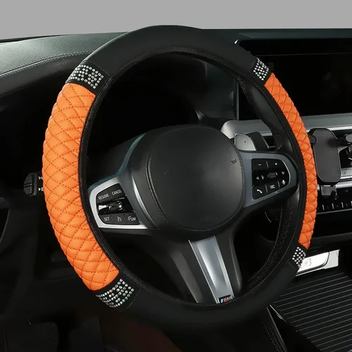 Miniatura 9 de Funda brillante para volante de automóvil, 15 pulgadas, con diamantes de imitación de cuero suave, protector elástico para volante, diamante