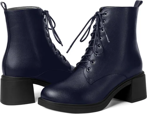 Miniatura 6 de ROSERWISH Botas altas de tacón bajo y grueso para mujer, con cordones, cómodas, modernas, con puntera redonda, de 2.5 pulgadas