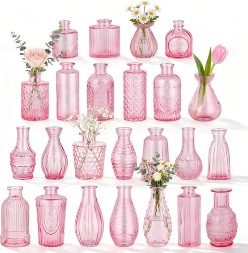 BEAHOT Paquete de 24 jarrones rosados a granel, mini jarrones vintage de vidrio para centros de mesa, decoración de boda, pequeños jarrones de