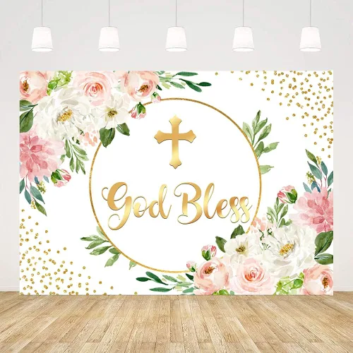 Ticuenicoa Telón de fondo de bautismo de 5 x 3 pies para niña, fondo de primera comunión, rosa y dorado, Dios bendiga la espalda, decoración de