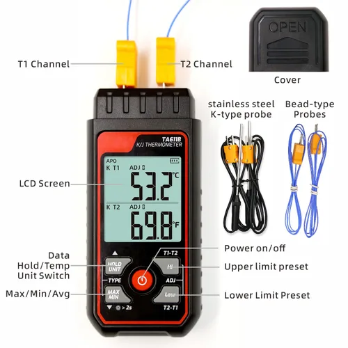 Miniatura 6 de Termómetro de termopar digital de doble canal tipo K/J -328 ~ 2501℉ Medidor de temperatura HVAC con 4 sondas de termopar tipo k, alarma