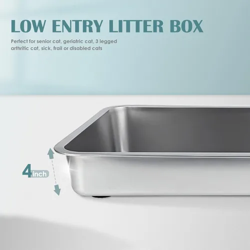 Miniatura 6 de IKITCHEN Caja de arena de acero inoxidable para gatos, bandeja de arena de metal grande para gatos, caja de arena para gatos nunca absorbe olores