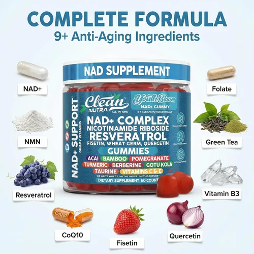 Miniatura 4 de Gomas de Suplemento Youth Bloom NAD+ con Resveratrol, Fisetin, Germen de Trigo, Berberina, Taurina, Cúrcuma, Colágeno, Astaxantina, Nicotinamida