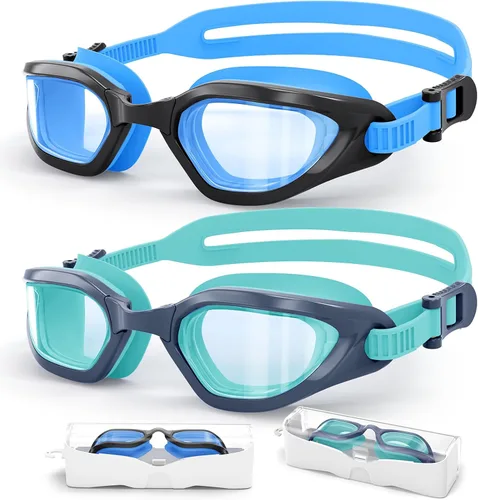 Miniatura 9 de Gafas de natación para niños en doble tono, almohadillas ajustables para la nariz y silicona suave a prueba de fugas (6-14), visión clara, antivaho