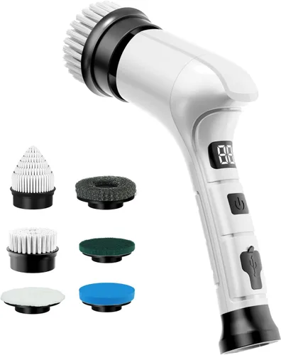 Limpiador eléctrico giratorio, cepillo de limpieza inalámbrico para el hogar con 6 cabezales reemplazables, 3 velocidades, pantalla LED, limpiador