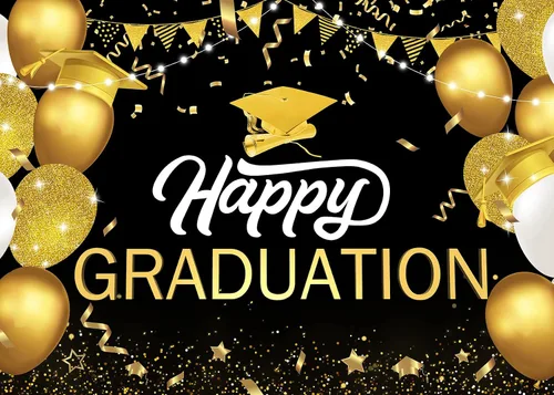 Miniatura 4 de Telón de fondo de graduación de 5 x 3 pies para sesión de fotos, globos negros y dorados de la clase de 2024, felicitaciones, fiesta de graduación