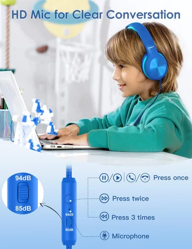 Miniatura 4 de Nabevi Auriculares para niños con cable, auriculares sobre la oreja para niños con micrófono, límite de volumen de 85/94 dB, auriculares para niños