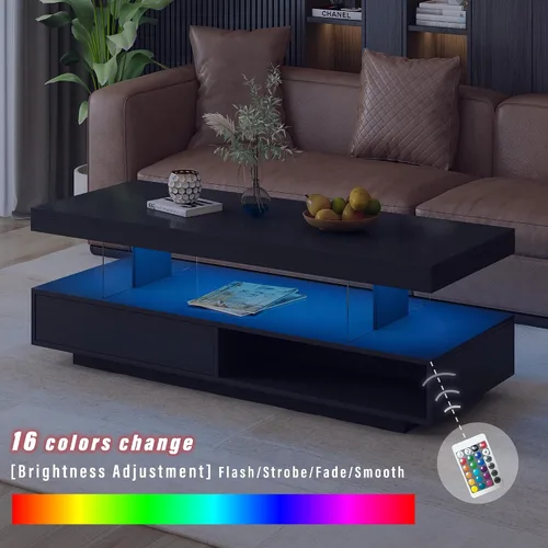 Miniatura 3 de Modern LED Coffee Table, Living Room Table with 16 Colors LED Lights, Double-Layer Center Table with Storage, Accent Furniture for Living Room, Black