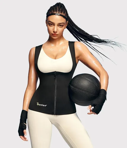 Miniatura 4 de Junlan Traje de sauna para mujer, chaleco entrenador de cintura para mujer, camiseta sin mangas moldeadora para sudar para mujer con cremallera Negro