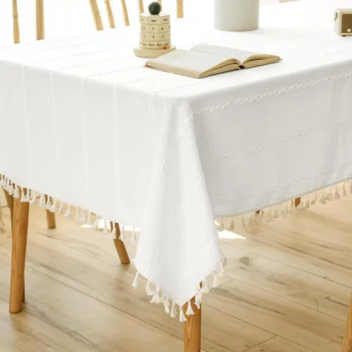 Miniatura 14 de Mantel rectangular de lino beige crema para comedor y cocina, mantel rectangular de arpillera de lino con borlas, resistente, rústico, campestre