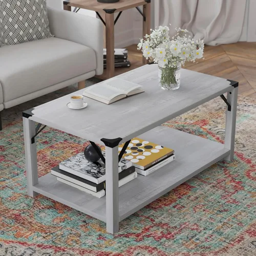 Miniatura 4 de BizChair Modern Farmhouse - Mesa auxiliar de 2 niveles, marco de madera de ingeniería gris Aspen, soportes laterales entrecruzados de metal negro