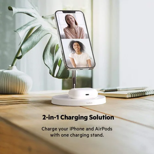 Miniatura 4 de Belkin MagSafe - Soporte de carga inalámbrica 2 en 1 para Apple iPhone 15, iPhone 14, iPhone 13, iPhone 12 y AirPods, estación de carga rápida Blanco