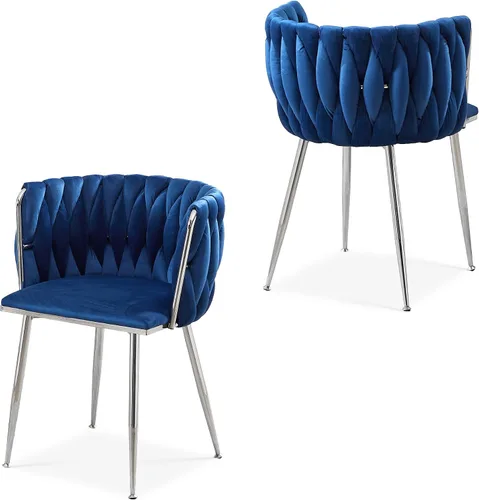 Miniatura 13 de Juego de 2 sillas de comedor de terciopelo, sillas laterales tapizadas tejidas con patas de metal plateado, Sillas de Comedor 2, sillas decorativas