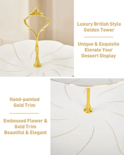 Miniatura 4 de DUJUST Torre de porcelana de lujo de 2 niveles para cupcakes, bandeja de servir estilo británico con borde dorado, soporte de exhibición de postres
