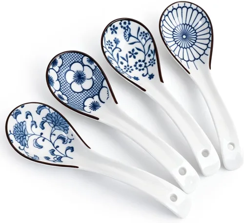 Miniatura 2 de DOWAN Soup Spoons, Ceramic Asian Soup Spoons, Black Japanese Spoon Large for Ramen Pho Wonton Dumpling Miso, Deep Oval Hook Design, Set of 4