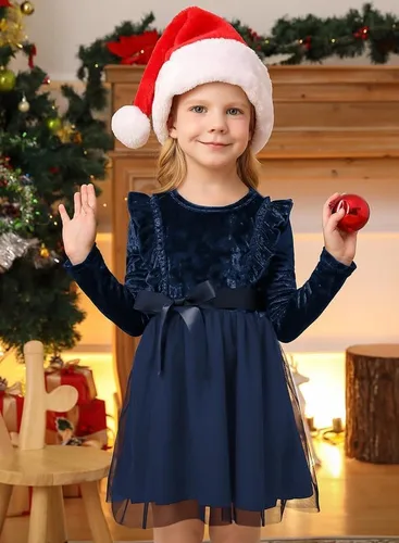 Miniatura 4 de IIMMER Vestido midi de tul de manga larga con volantes de terciopelo para niñas pequeñas de Navidad