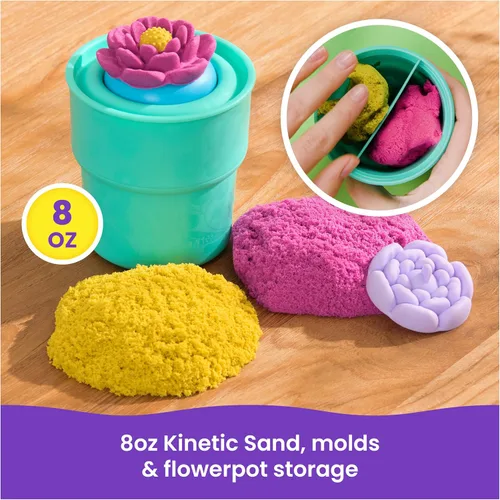 Miniatura 7 de Kinetic Sand, SquishBlossom Flor floreciente con arena de juego amarillo neón y rosa de 8 onzas, maceta y moldes, juguetes sensoriales para artes