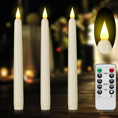 Velas cónicas sin llama con control remoto y temporizador, candeleros LED que funcionan con baterías con llama 3D parpadeante, velas falsas de