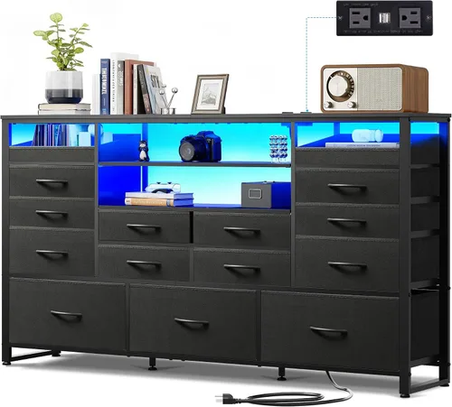 Miniatura 8 de Soporte de TV negro para TV de 45, 50, 55 pulgadas, mesa consola multimedia de TV con luces LED y estación de carga, centro de entretenimiento con 8