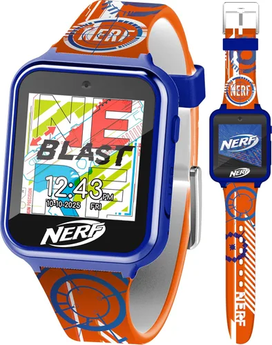 NERF - Reloj inteligente para niños, pantalla táctil interactiva con 26 juegos, cámara, contador de pasos, música, alarma y correa de silicona lista