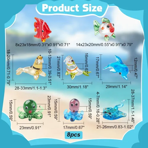 Miniatura 2 de NBEADS 8 figuras de cristal de vida marina, mini figuras marinas de vidrio en miniatura, manta raya/mariposa/morsa/delfín/pulpo/pez, hecho a mano