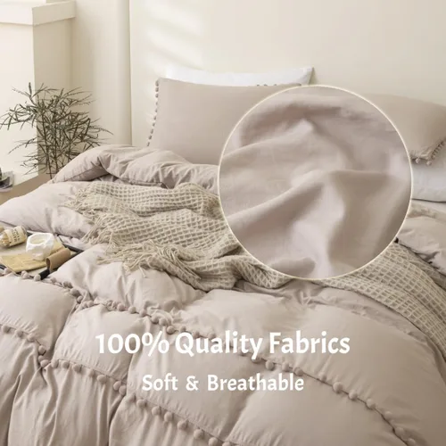 Miniatura 3 de INFLAG Funda de edredón de tamaño individual con pompones, juego de ropa de cama de microfibra bohemia de 3 piezas, 1 funda de edredón de 66 x 90