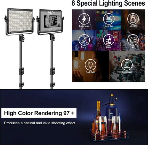 Miniatura 4 de GVM - Luz de video LED RGB con control Bluetooth, kit de iluminación de video 1000D PRO de 360° a todo color con 736 cuentas LED, 2 paquetes de luz
