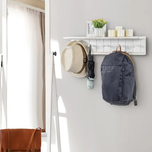 Miniatura 5 de MyGift Estante de baño flotante de madera blanca vintage de 5 ganchos montado en la pared y toallero