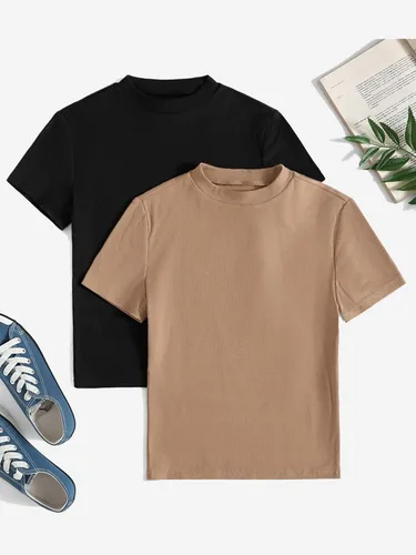 Miniatura 5 de Verdusa Paquete de 2 camisetas básicas de manga corta con cuello alto falso para mujer