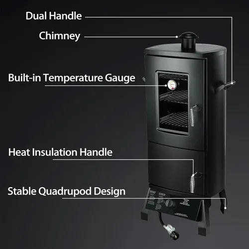 Miniatura 7 de Ahumador de propano, ahumador vertical con tres estantes extraíbles, parrillas al aire libre y ahumadores con termómetro para barbacoa, patio Negro