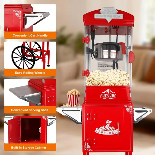 Miniatura 5 de Máquina de palomitas de maíz con carro, hervidor de acero inoxidable de 10 onzas, máquina para hacer palomitas de maíz estilo cine vintage para Negro