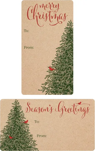 Etiquetas de regalo con árbol de Navidad y cardenal rojo – Etiquetas autoadhesivas para envolver regalos navideños sobre fondo kraft – 42 etiquetas