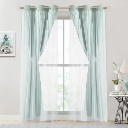 Miniatura 8 de Bujasso Cortinas de oscurecimiento 80% Aqua con superposición de gasa, paneles de ventana térmicamente aislados de doble capa, combinables, 63 huevo